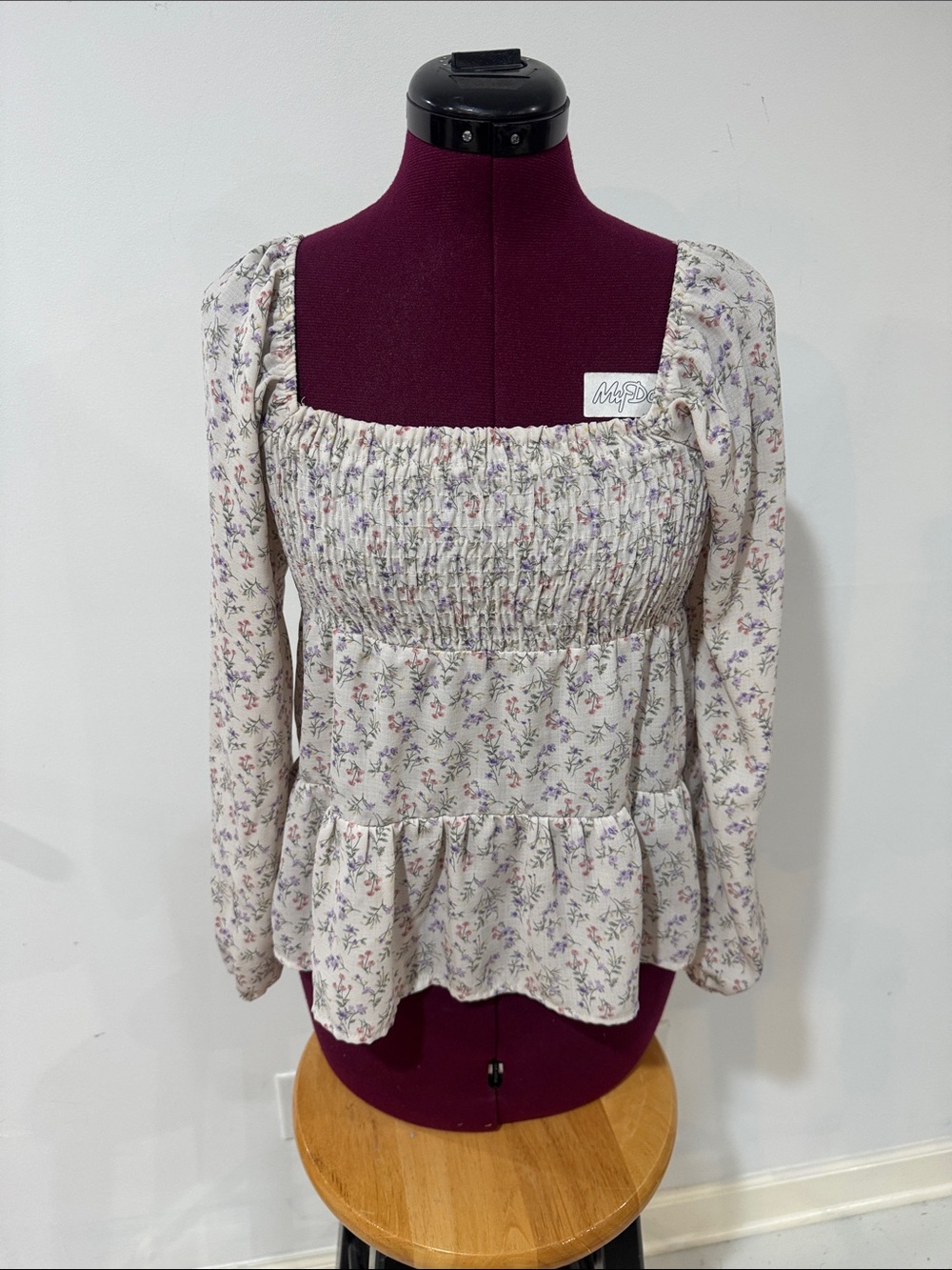 Paper Crane Cream Floral Smocked Square-Neck Peplum Blouse